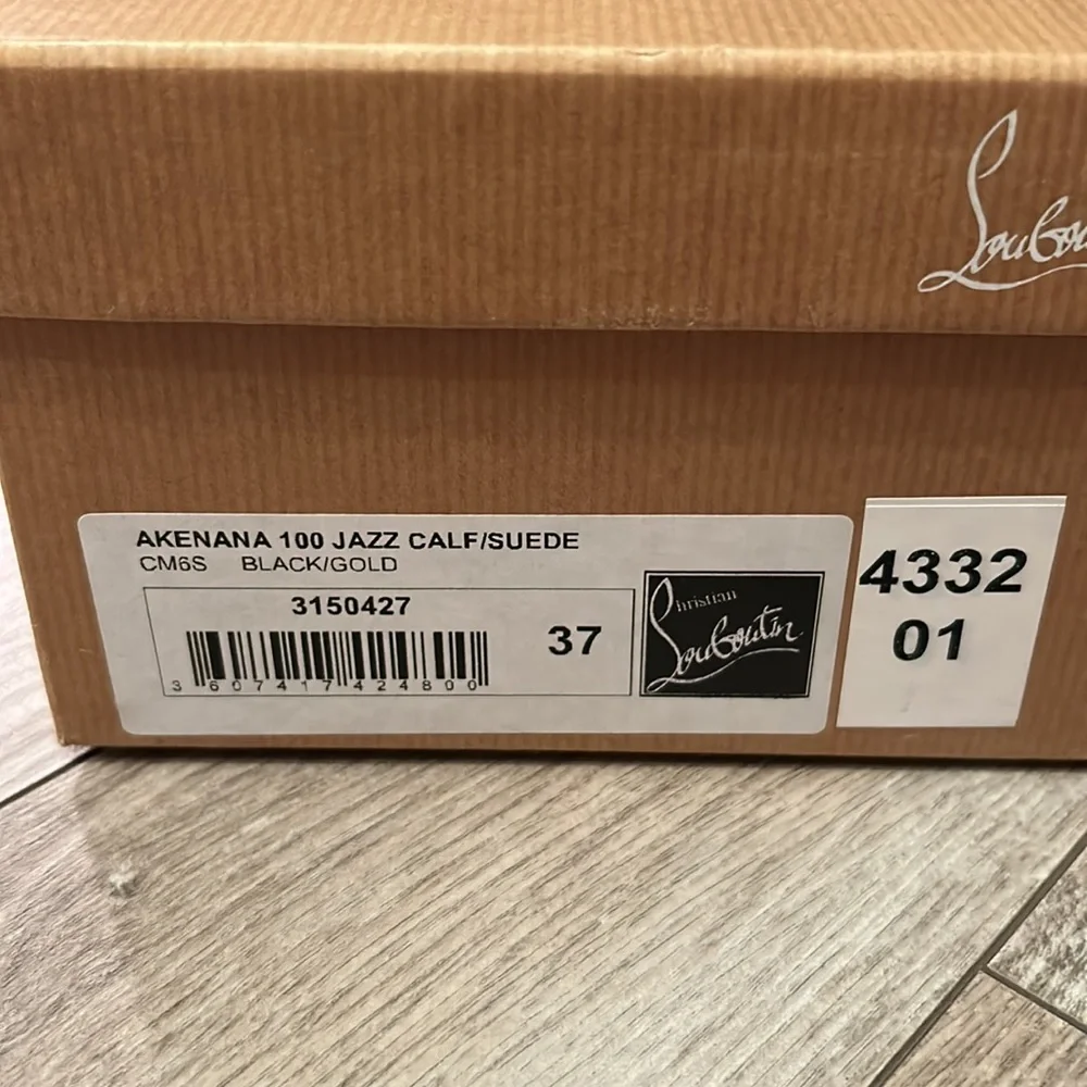 EUC Christian Louboutin Black/Gold heels Akenana 100 Jazz Calf/Suede Size 37